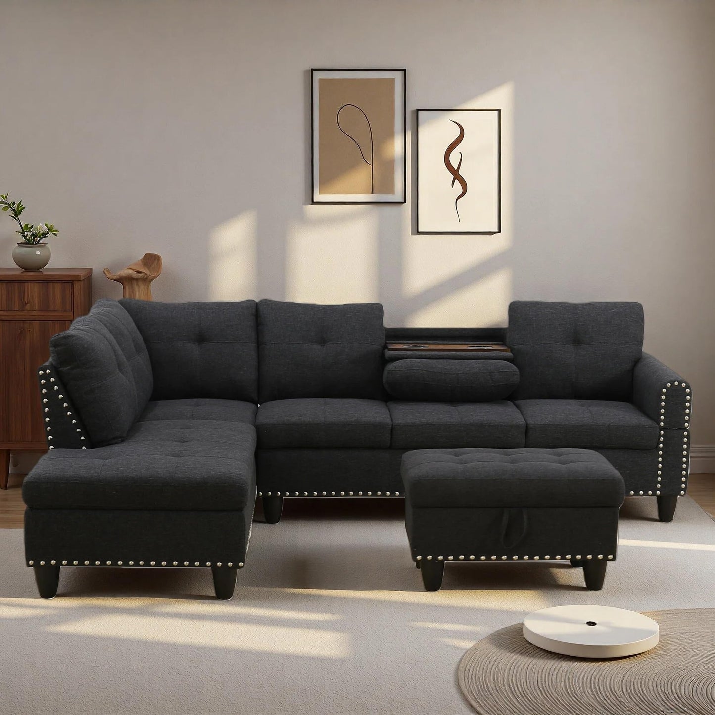 Trygoal L Shaped Couches for Living Room, Sectional Couch Living Room Furniture with Storage Ottoman, Modular Sectional Sofa with Movable Chaise for Apartment Office, Black Grey