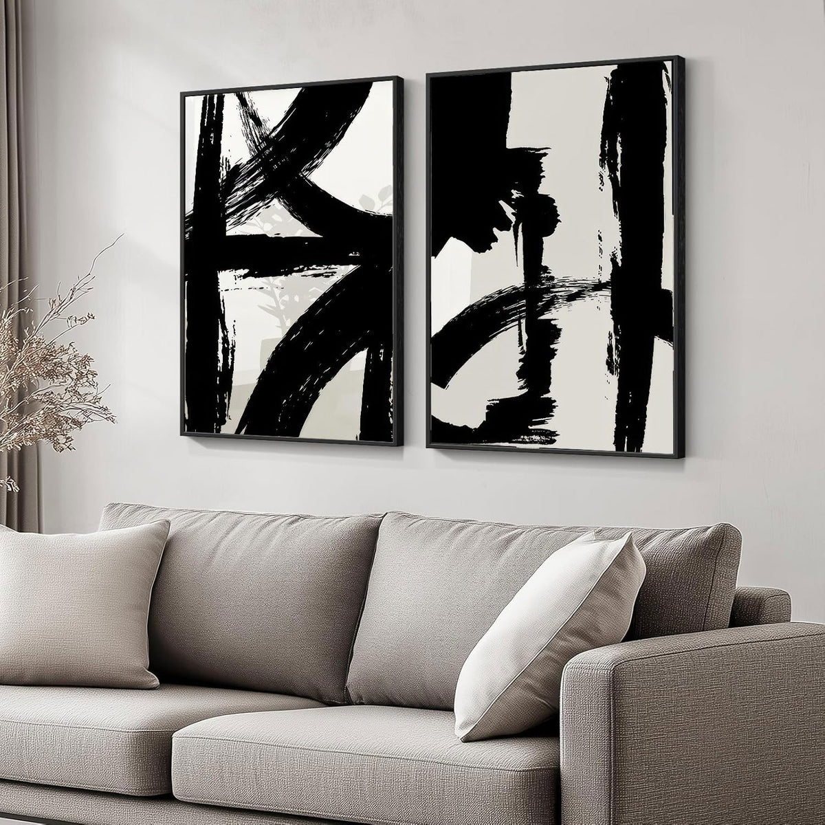 Set of 2 Framed Black and White Brush Stroke Canvas Wall Art Modern Abstract Minimalist Ink Line Painting Retro Mid-Century Geometric Poster Prints for Office Home Decor (12inx16in Framed)