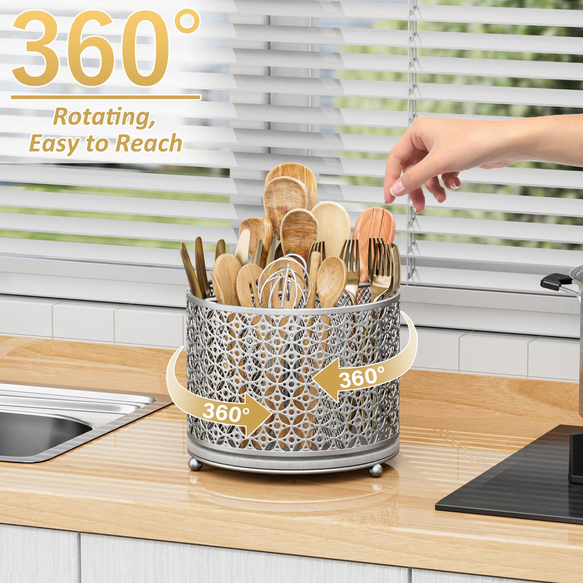 Rotating Utensil Holder for Kitchen - Silverware Caddy Fast-Drying Flatware Organizer 4 Compartment Large Cutlery Holder Utensils Caddy with Handle For Kitchen Countertop Party Picnic Table Silver
