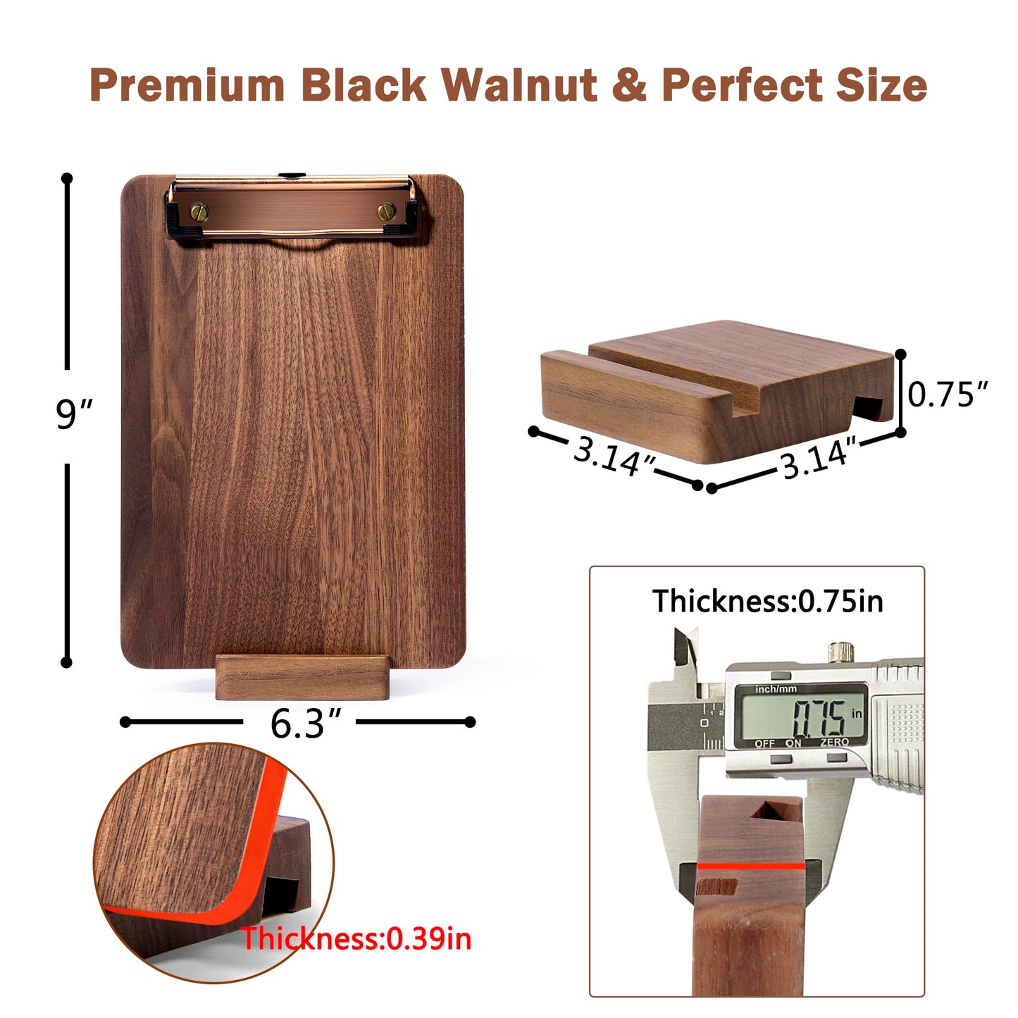 Walnut Wood Clipboard, 9" x 6.3" Small Menu Clip Board with Metal Clip and Stable Base, Solid Hardwood, Smooth Edges, Free Stand Holder for Bar, Restaurant, Coffee Shops, Countertops