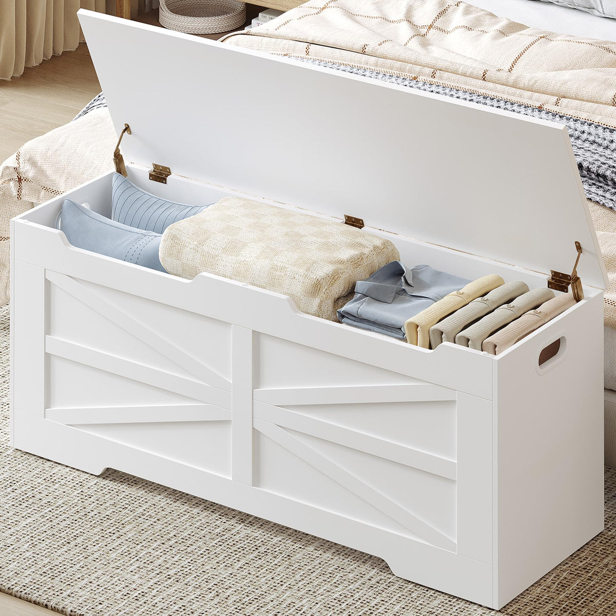 Hzuaneri 47.2" Storage Chest, Extra Large Storage Trunk with 2 Hinges, Wooden Box Bench, Lift-Top Organizer Chest, Shoe Bench for Entryway, Bedroom, Living Room, White SB13403X
