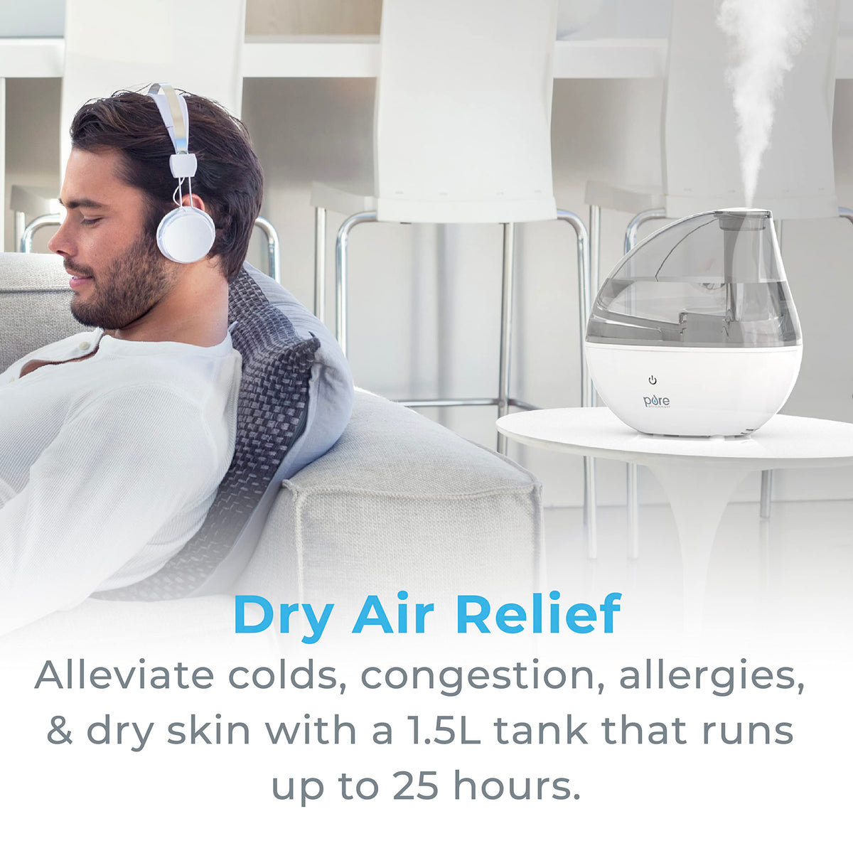 Pure Enrichment MistAire Silver Ultrasonic Cool Mist Humidifier for Bedroom, Office, Nursery & Indoor Plants - Lasts Up to 25 Hours, Whisper-Quiet Operation, Optional Night Light, & Auto Shut-Off