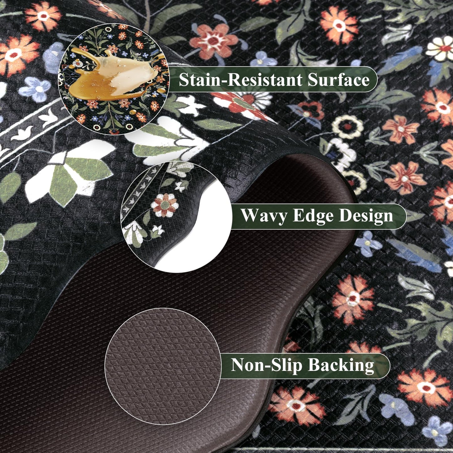 Yamaziot Anti Fatigue Kitchen Rugs Set of 3 - Boho Non Slip Waterproof Kitchen Mats for Floor, Boho Runner Rug for Kitchen Floor, Laundry, Desk, Bar, Office, 17.3"x29"+17.3"x35"+17.3"x47", Black