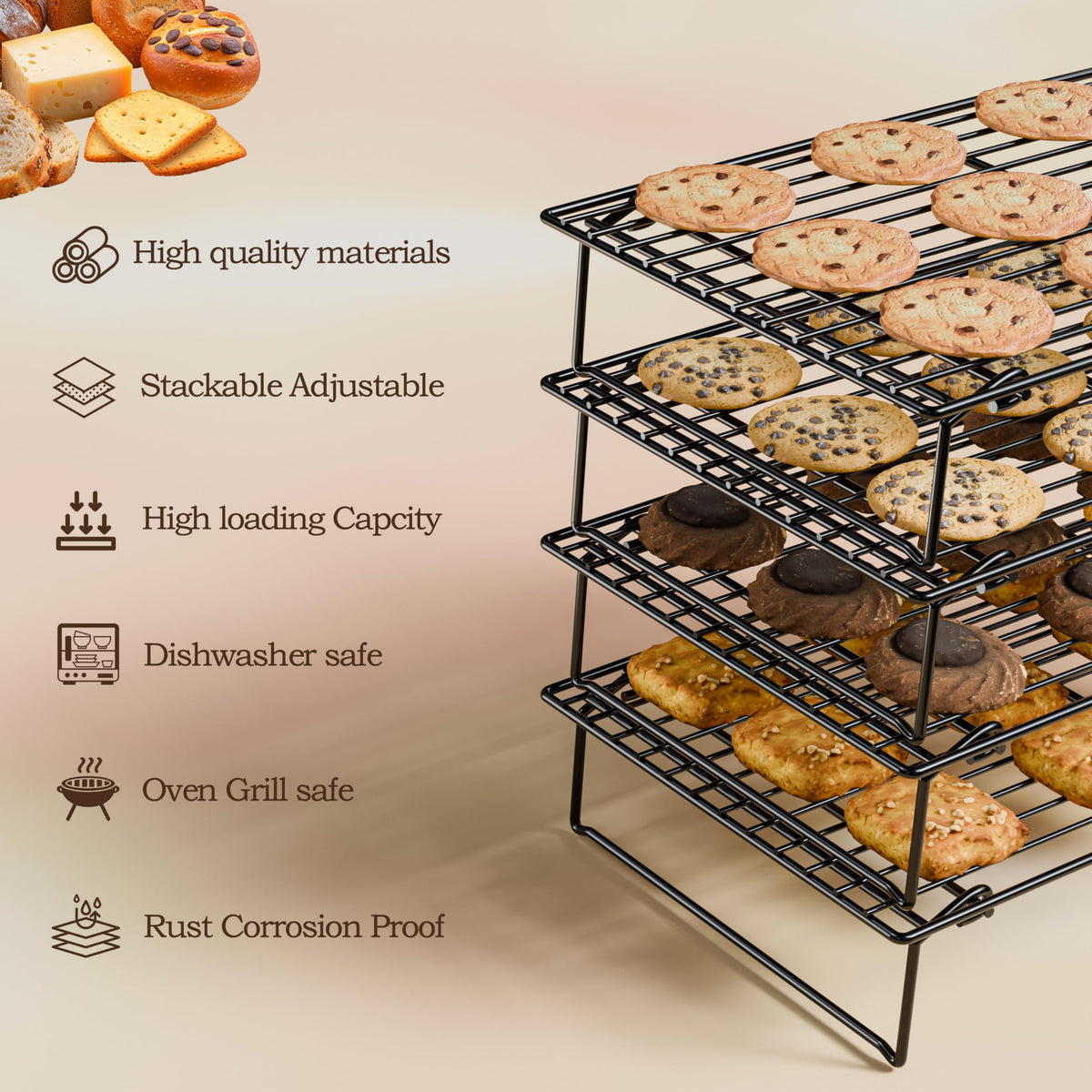 4PCS Cooling Racks for Cooking and Baking, Collapsible 4 Tiers 10"X16" Cool Batches of Cookies, Non-Stick & BPA-Free, Oven and Dishwasher Safe (Black-202)