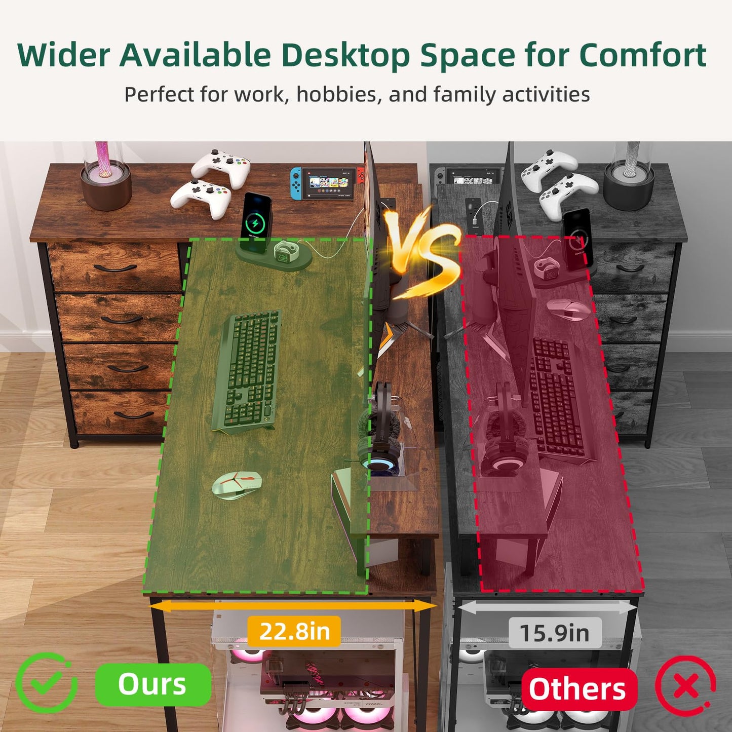Somdot L Shaped Desk with 4 Drawers,61" Reversible Home Office Desks with Power Outlets,L Shaped Gaming Desk with USB Charging Port,Corner Desk with Storage Shelves,Easy to Assemble,Black