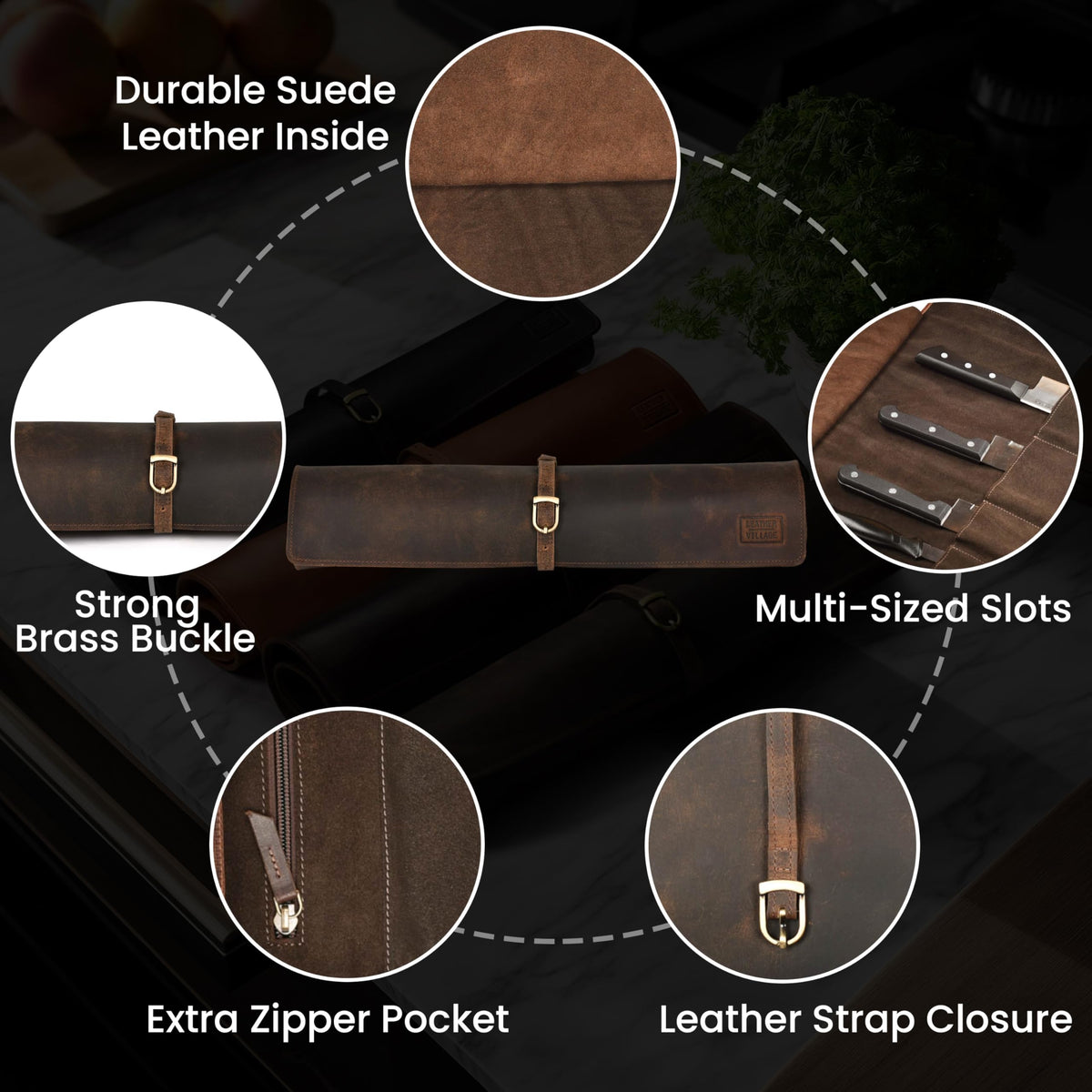 LEATHER VILLAGE Genuine Leather Knife Roll Bag – Professional Chef Carrying Case, Durable Sheath Holder, Cooks & Culinary Tools Organizer, Portable Travel Storage with 4 Slots & Zipper - Rustic Brown