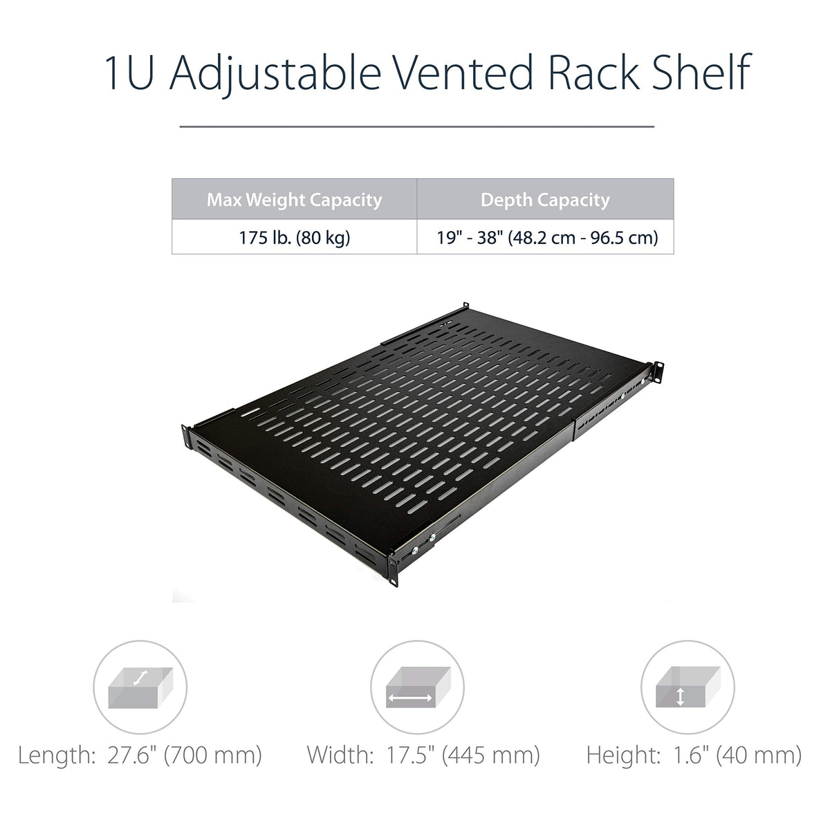 StarTech.com 1U Adjustable Vented Server Rack Mount Shelf - 175lbs - 19.5 to 38in Adjustable Mounting Depth Universal Tray for 19" AV/ Network Equipment Rack - 27.5in Deep , TAA (ADJSHELF)