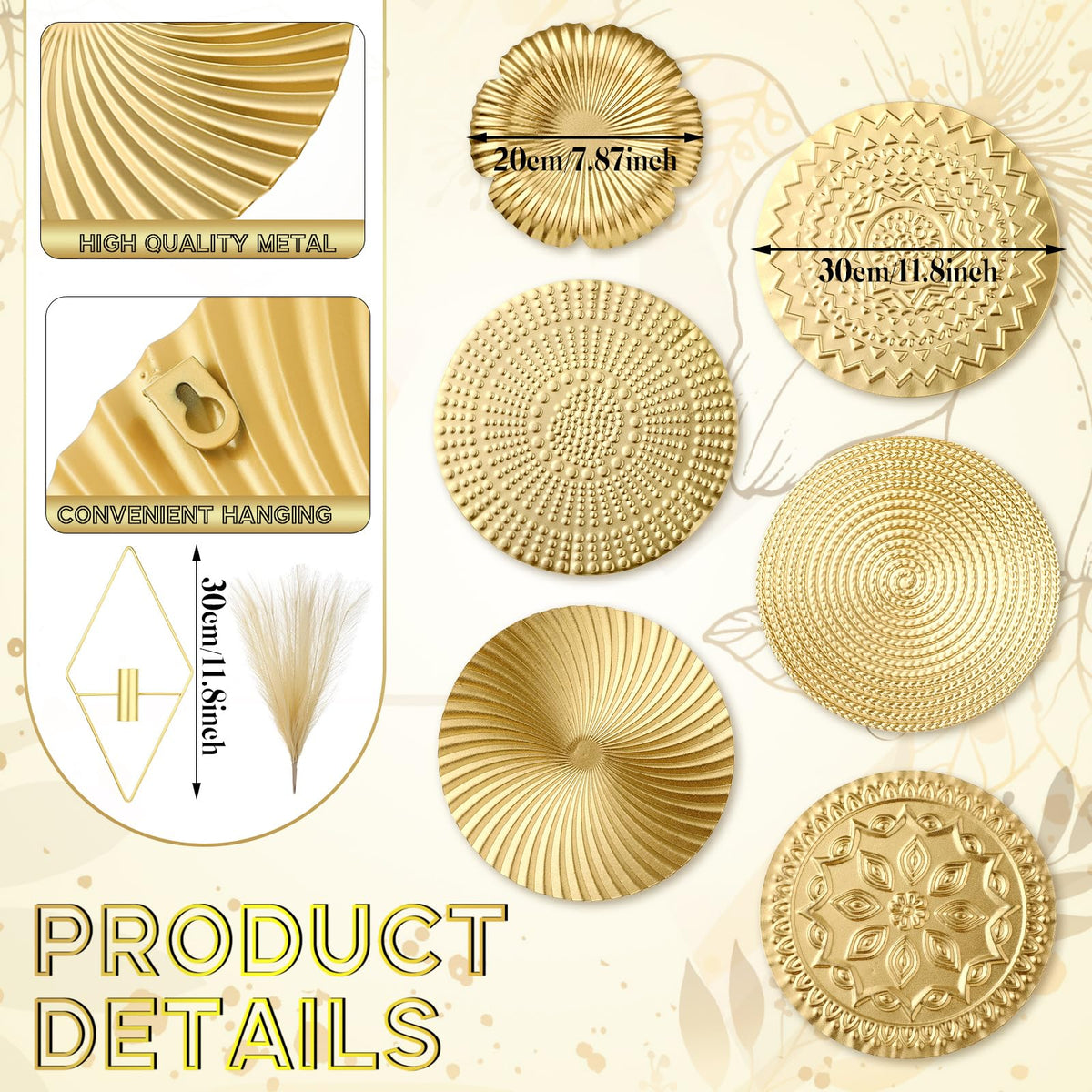 Wesiti 9 Pcs Gold Metal Wall Art Set Hanging Planters with Artificial Pampas Grass Modern Boho Wall Decor Set for Living Room Bedroom Bathroom Office
