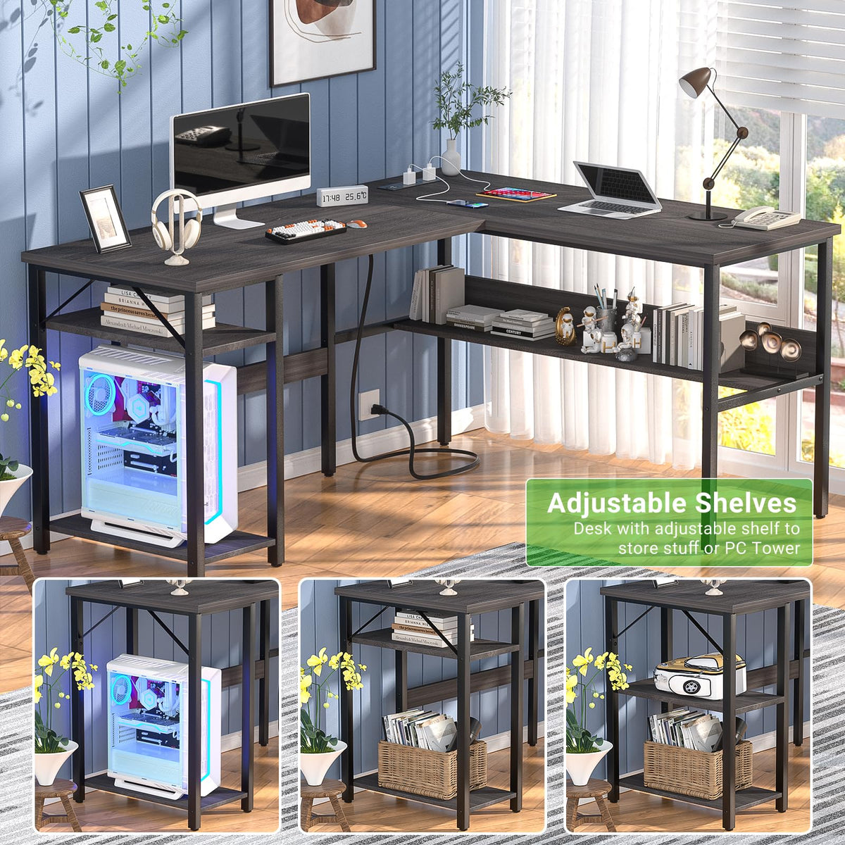 Unikito Reversible L Shaped Desk with Magic Power Outlets and USB Charging Ports, Sturdy Corner Computer Desk with Storage Shelves, Gaming Table Home Office Desk, Easy to Assemble, Enoch Walnut