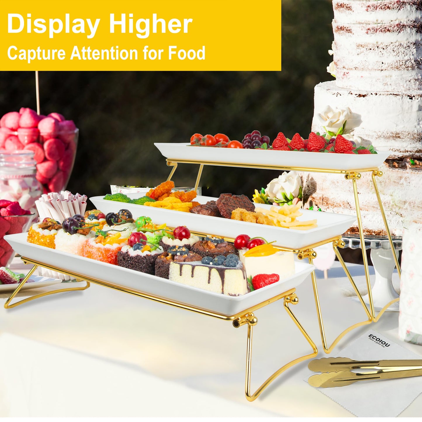 ECOIOU Extra Large 3 Tier Serving Tray, 24 x22 x 9.8 Inch Melamine Tiered Tray Stand and Platters for Party Buffet Entertaining, White and Gold