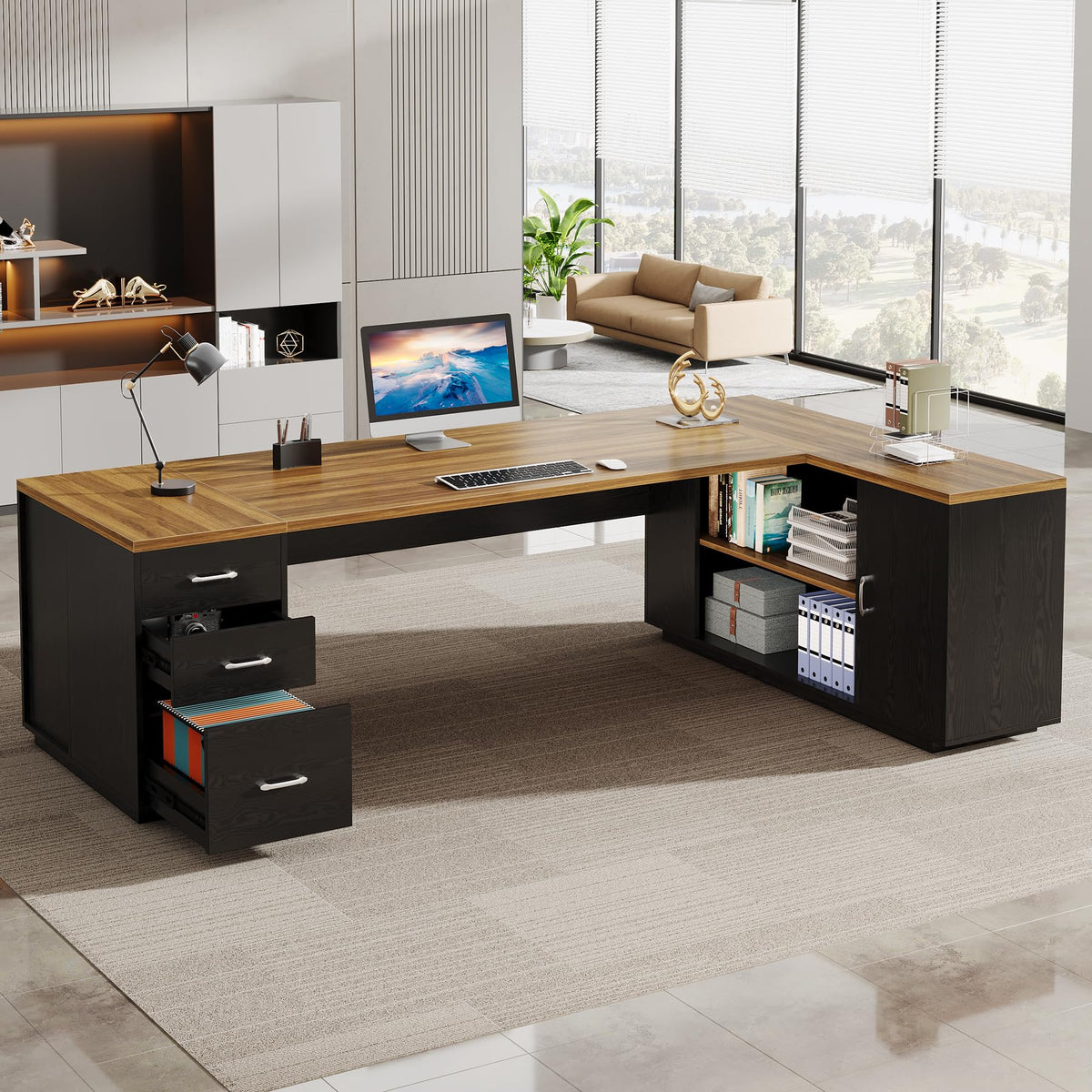 Tribesigns 85.8-Inch L-Shaped Executive Desk, Extra Large Modern Office Desk with File Drawers, Door Cabinet & Shelves, Commercial Office Table, Home Business Workstation, Brown & Black