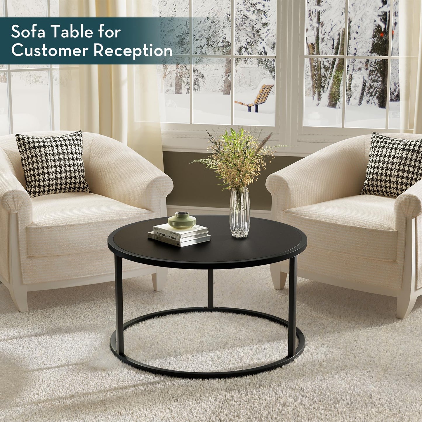 SAYGOER Small Round Coffee Table, Black Coffee Tables for Living Room, Modern Center Table for Small Space Home Office Gardern, 27.6 × 27.6 × 17.7inch, Black
