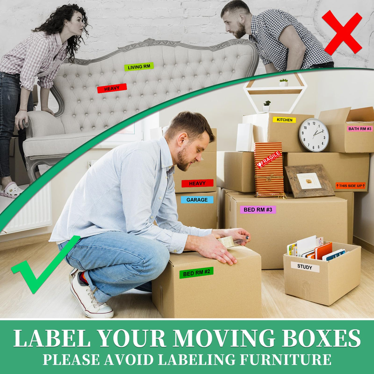Moving Box Labels – 1440 PCS (24 Rolls) Color Coded Room Stickers, 1''x4.5'' Strong Adhesive Home Packing Stickers for Boxes of Bedroom, Kitchen, Garage, Fragile & Heavy Item Warning Labels, BIAlabel
