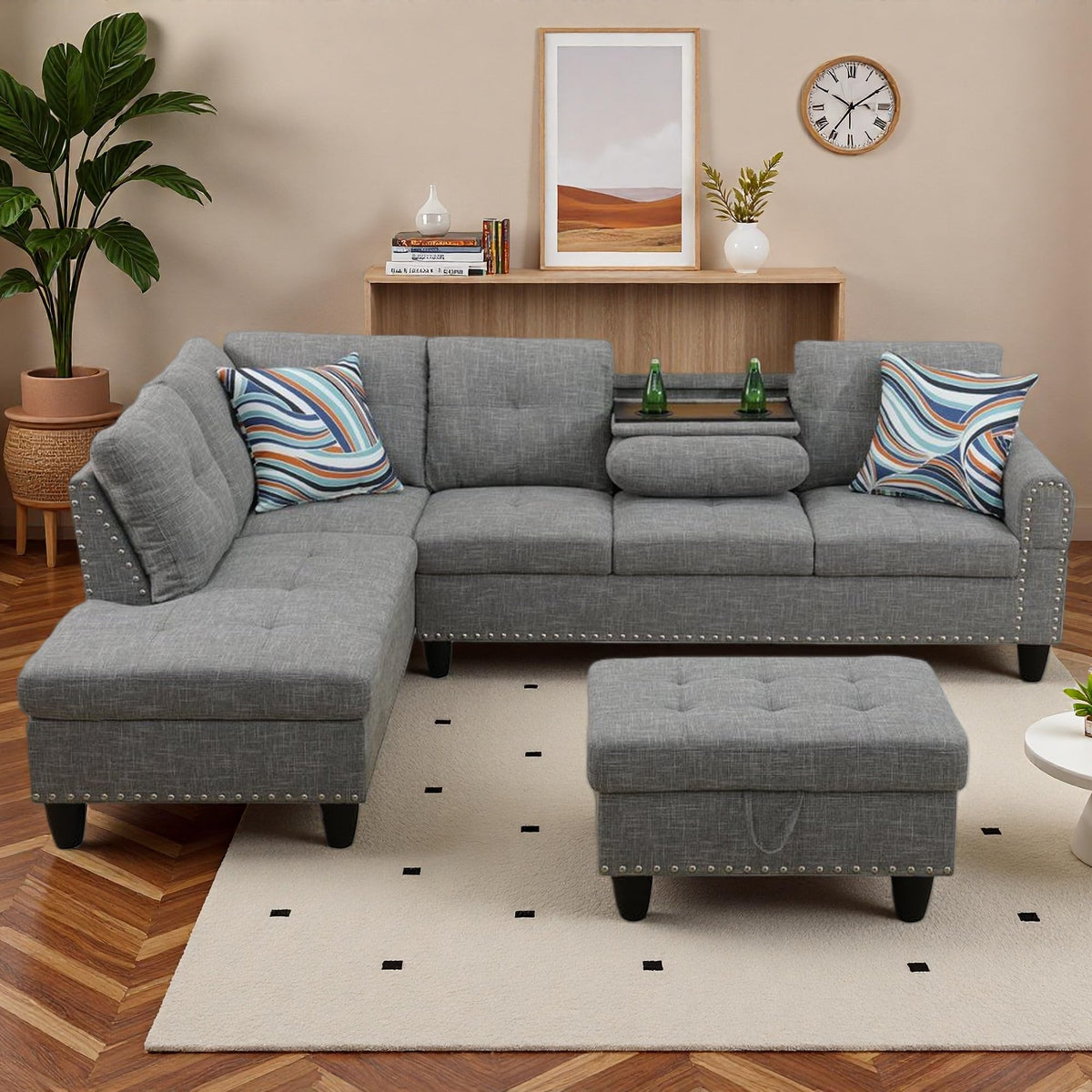 Trygoal 97" Linen 4-Seat L-Shaped Sectional Sofa with Movable Chaise & Storage Ottoman - 3-Piece Modular Convertible Couch for Living Room, Bedroom, Apartment & Office, Grey