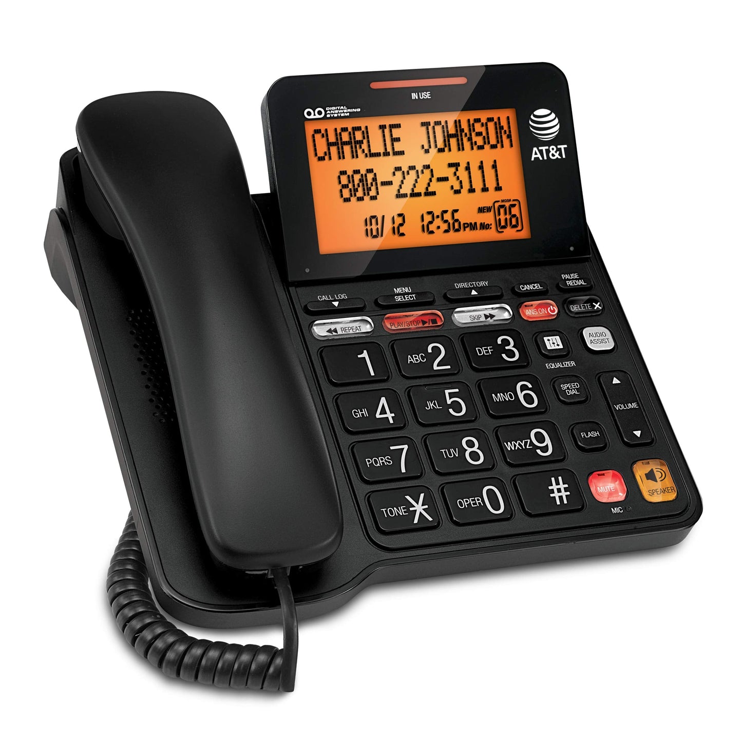AT&T CD4930 Black Corded Phone with Digital Answering System, Caller ID, Extra-Large Tilt Backlit Display & Big Buttons