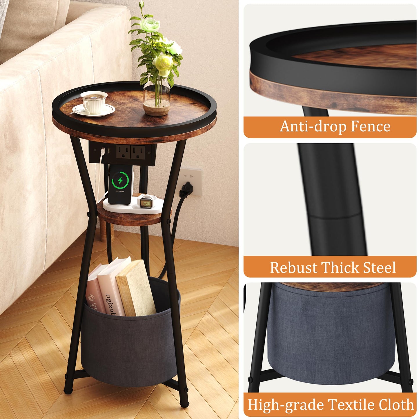 Yusong Round Side Table with Charging Station, Small Drink Table for Small Spaces, 3-Tier Industrial End Table, Accent Nightstand Bedside Table for Living Room, Bedroom, Sofa Couch, Rustic Brown