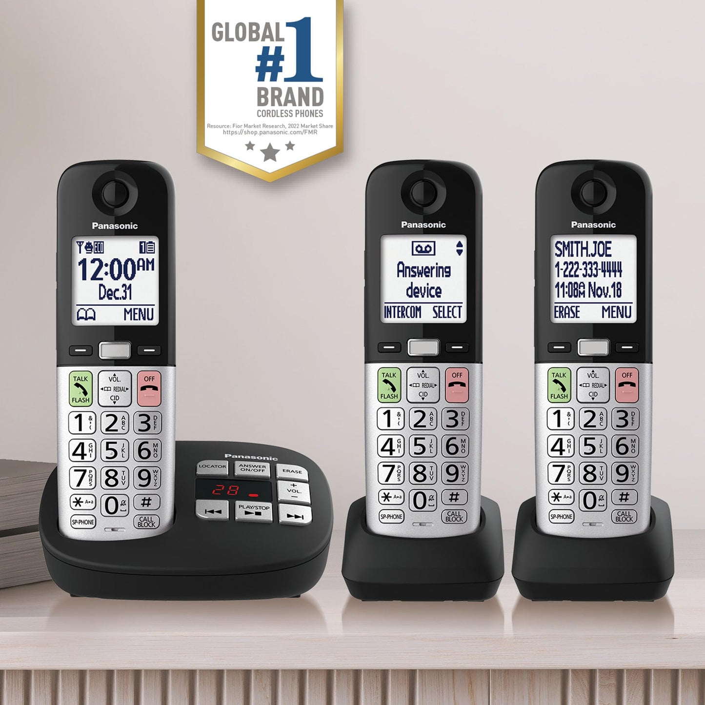 Panasonic Cordless Phone, Easy to Use with Large Display & Big Buttons, Flashing Favorites Key, Flashlight, Call Block, Volume Boost, Talking Caller ID, House Phones, 3 Handsets - KX-TGU433B