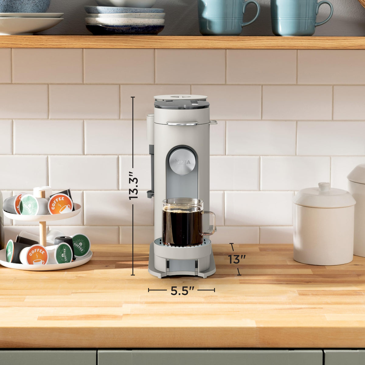 Ninja Pod & Grounds Specialty Single-Serve Coffee Maker, K-Cup Pod Compatible, Brews Grounds, Compact Design, Built-In Milk Frother, 56-oz. Reservoir, 6-oz. Cup to 24-oz. Mug Sizes, Stone, PB051ST