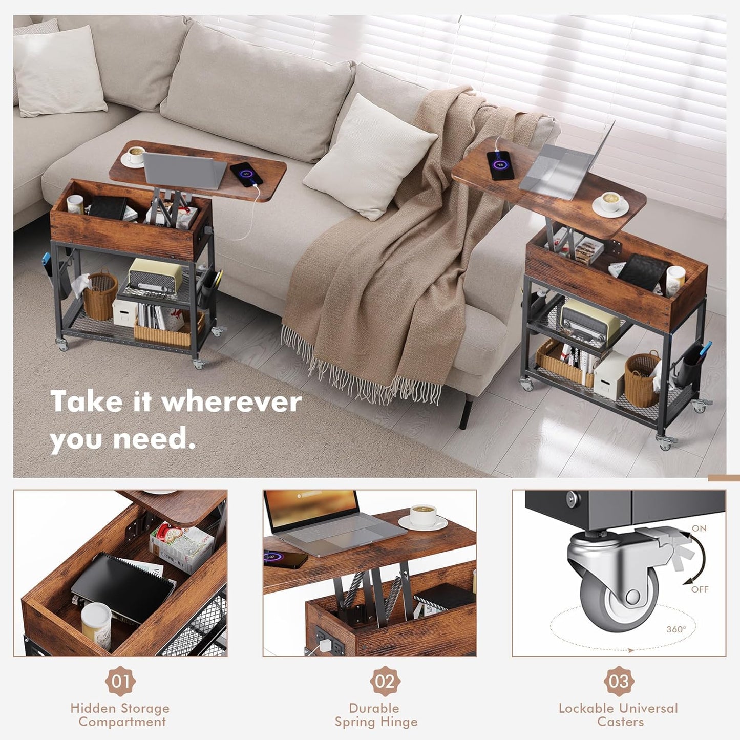 Colima Lift Top End Table with Charging Station and Wheels, Sofa Side Table with USB Port & AC Outlets, Movable Bedside Nightstand with Side Bag for Office Living Room Bedroom(Rustic Wood)