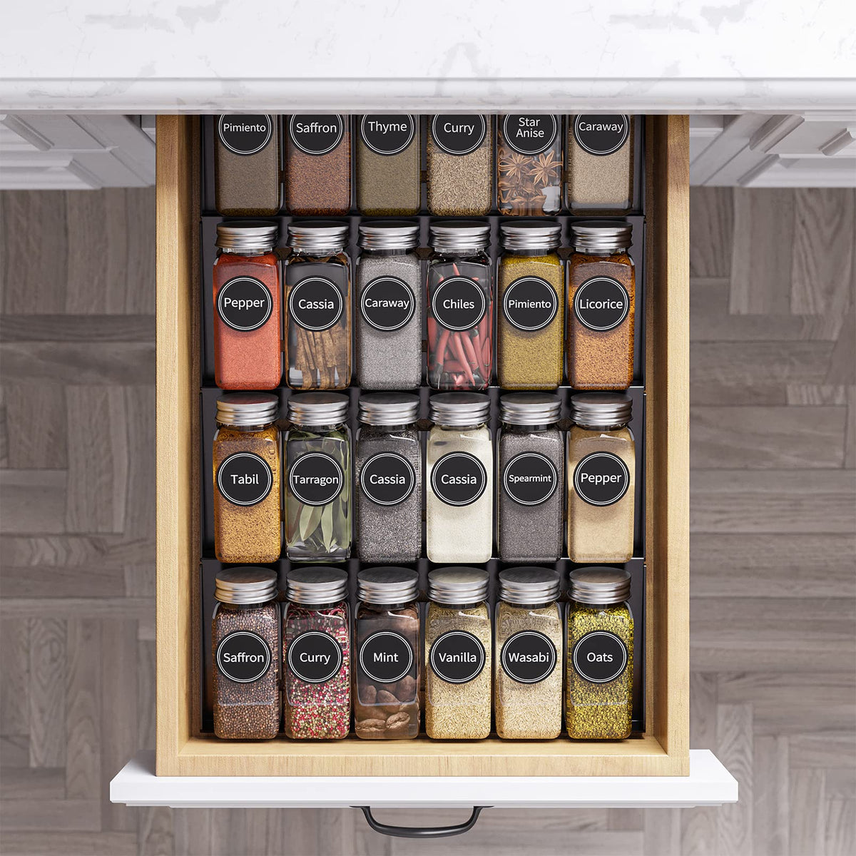 SpaceAid 24 Pcs Spice Jars with Labels, Empty 4oz Glass Spice Bottles, Minimalist Farmhouse Spice Labels Stickers with Funnel, Seasoning Containers for Spice Rack, Cabinet and Drawer