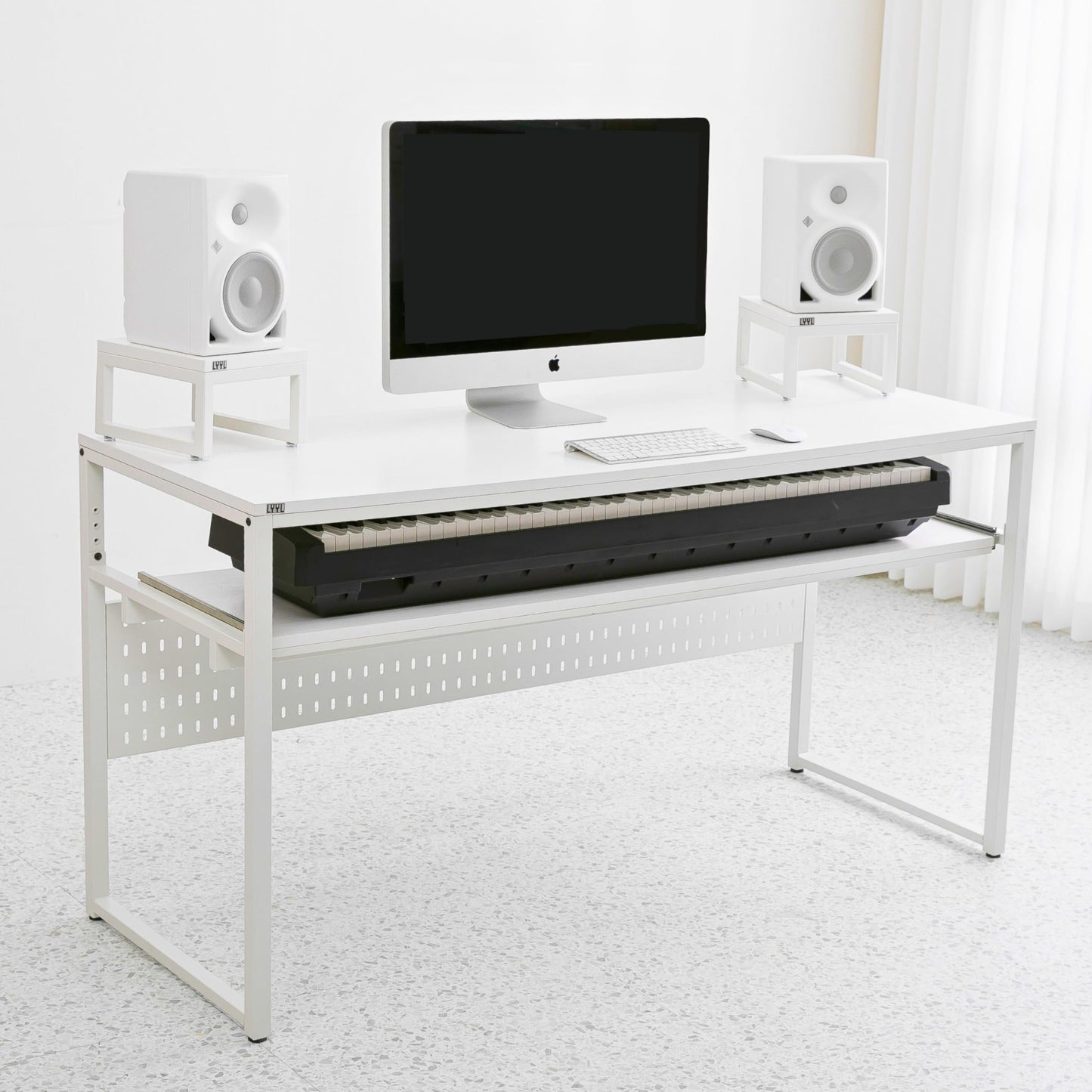 LYYL Music Studio Desk with Keyboard Tray, for Full 88 Keys and 61 Keys (Music Producer Desk) (White, 88 Keys (Without Height Adjustment Bracket)