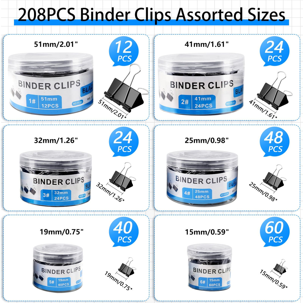 208 PCS Binder Clips Assorted Sizes, Metal Large Binder Clips Bulk, Black Binding Paperwork Clamp for Paper, 6 Size Clips Office Supplies for Business and School