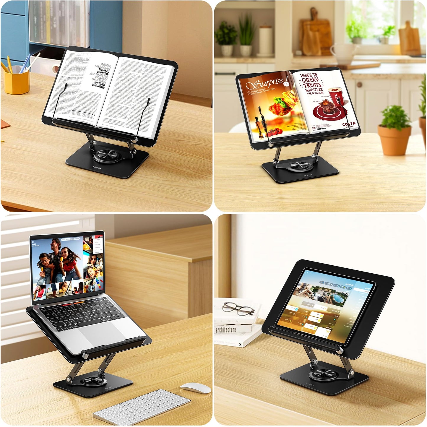 BESIGN BS02 Book Stand for Reading, Adjustable Book Holder, Ergonomic Laptop Stand, Cookbook Stand, Recipe Book Holder with Elastic Page Clips for Music Scores, Recipe, Tablet
