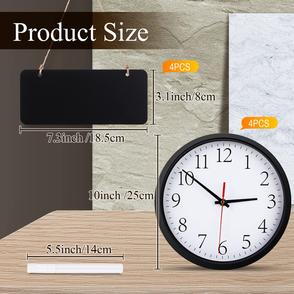 Juinte 4 Pcs Silent Wall Clocks 10 Inch with Chalkboards and Marker, Battery Operated Round Multi Time Zone Clocks for Home, Kitchen, School, Office, Reception Areas, Classroom Decor
