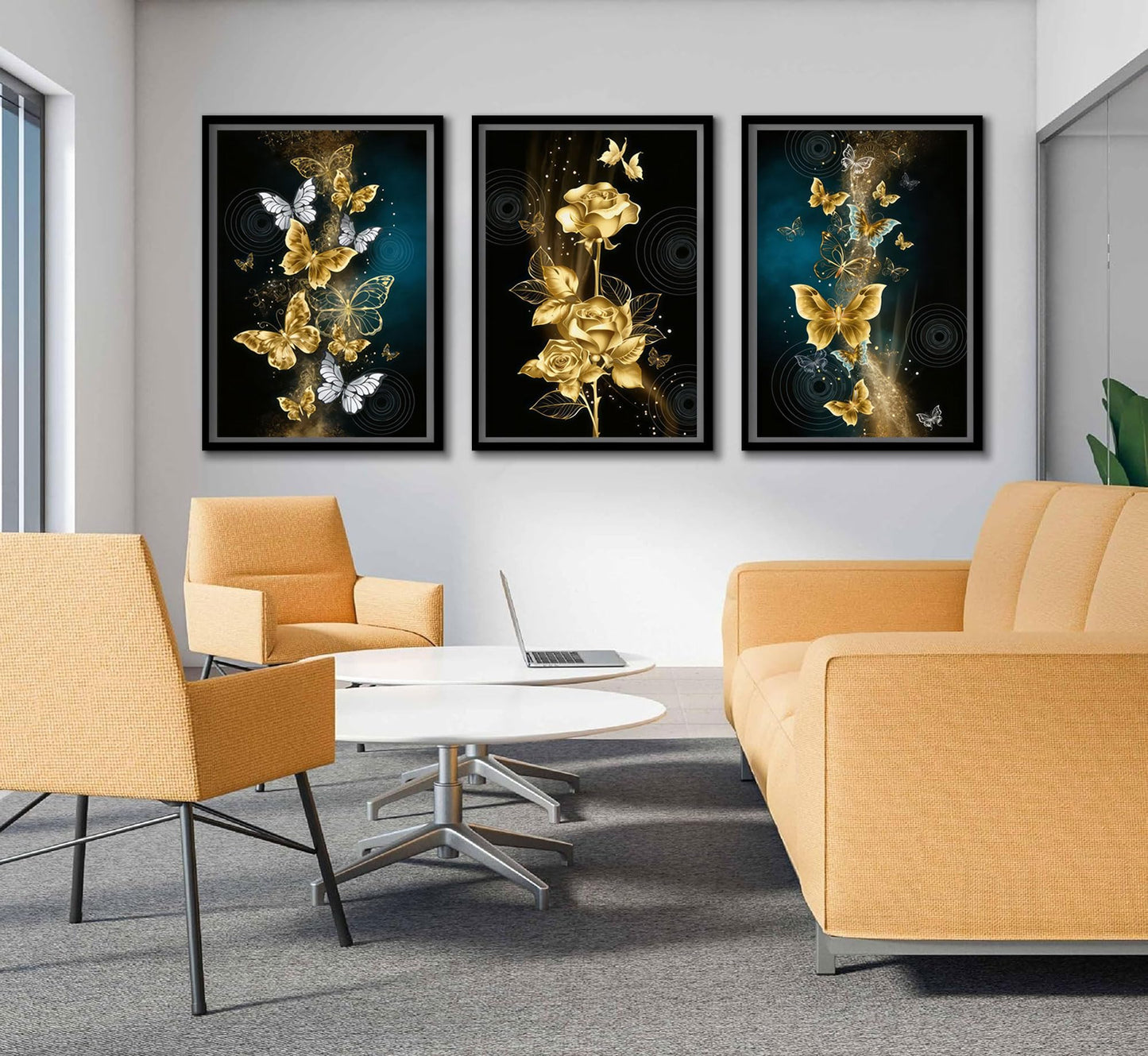 3Pcs Abstract Gold Butterfly Canvas Wall Art Gold Butterfly and Rose Posters Prints Painting Modern luxury Flowers Wall Decor pictures for Living Room Bedroom Home Decoration Unframed