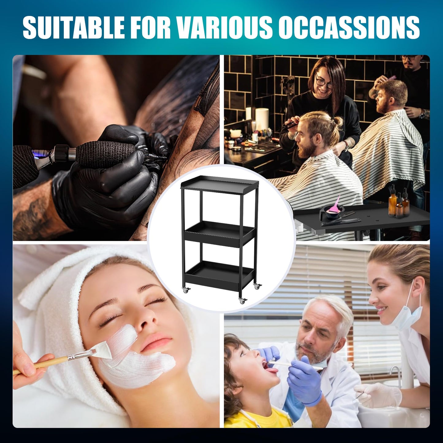 Poarmeey 3-Tier Tattoo Trolley Holder Stand with Tray and Tool Storage Platform Rolling Cart on Wheels for Tattoo Salon Spa Clinics Office Home Use