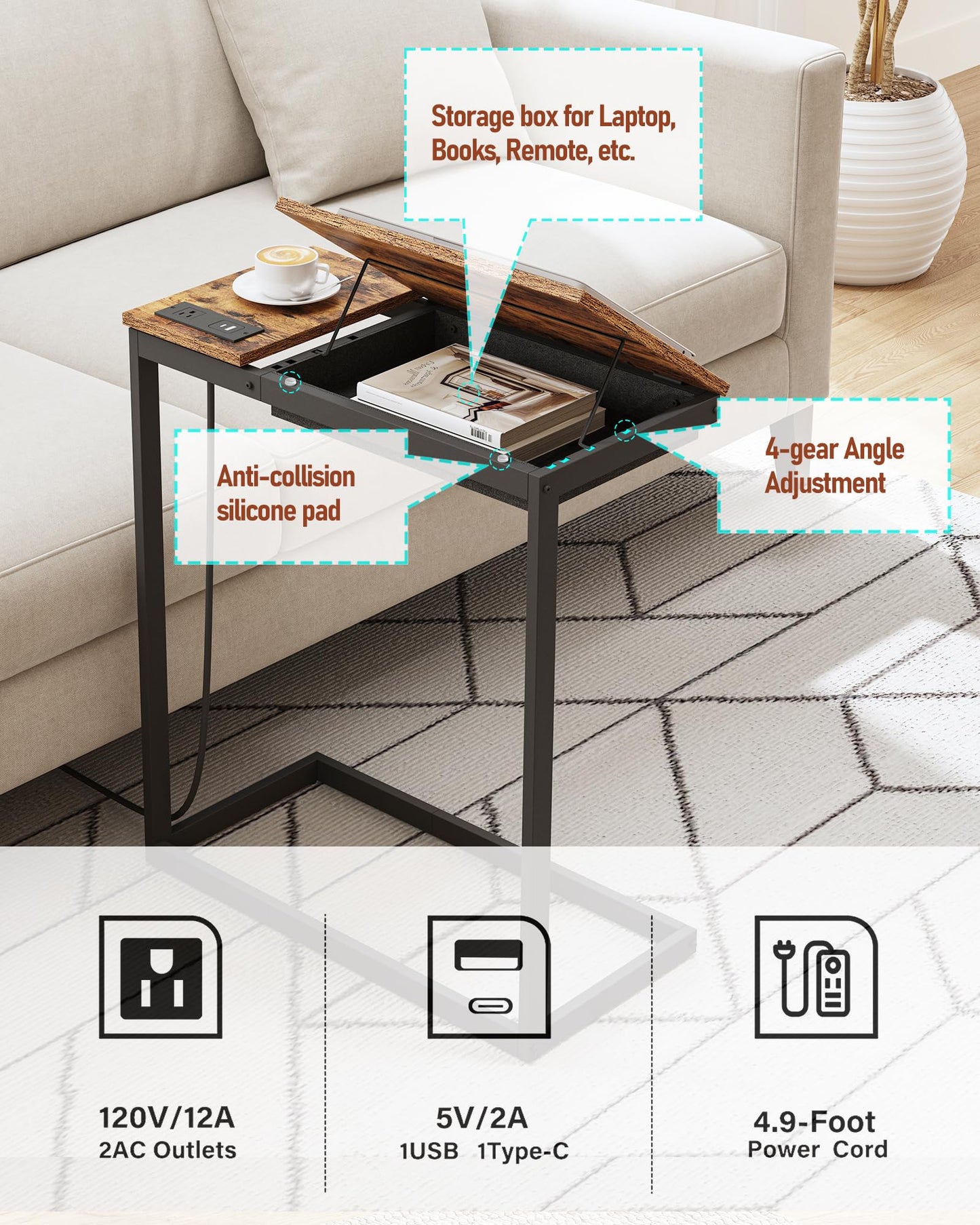 TUTOTAK C Shaped End Table with Charging Station, Tilting Laptop Stand Side Table, Under Couch Table for Living Room Bedroom, Brown TB01BB090