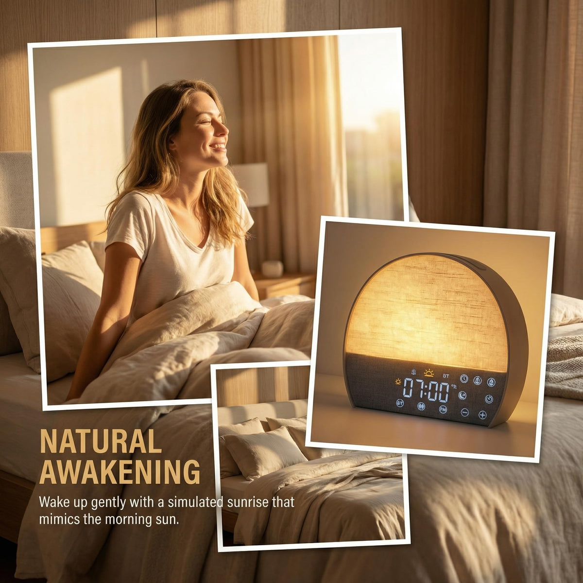 PAWPAWSEN Sunrise Alarm Clock with Bluetooth Speaker & FM Radio - Dual Wake Up Light, 30 Soothing Sounds, Sunset Sleep Aid, Minimalist Aesthetic for Heavy Sleepers, Kids & Bedroom Decor