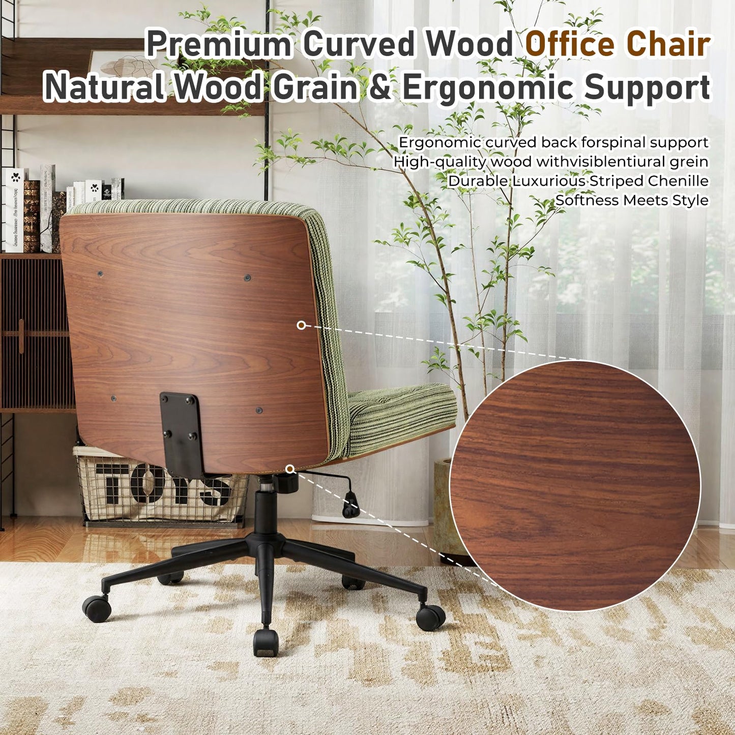 Furnimart Heavy-Duty Curved FSC Wood Desk Chair 360° Swivel,Premium Chenille Criss Cross Chair with Wheels Wide Seat, Comfy Armless Cross Legged Sitting for Bedroom, Office, Vanity(Green)