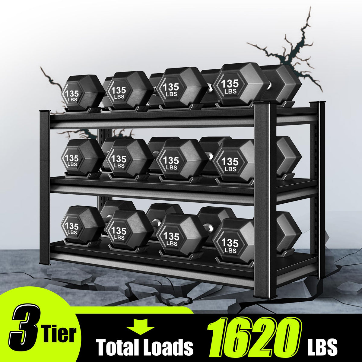 SDXYSTCE 3-Tier Garage Shelving Heavy Duty,48”W x 18”D x 39”H Metal Shelving Unit，1620 lbs Weight Capacity Adjustable Storage Shelves for Retiple Tanks, Pantry, Garage，Black