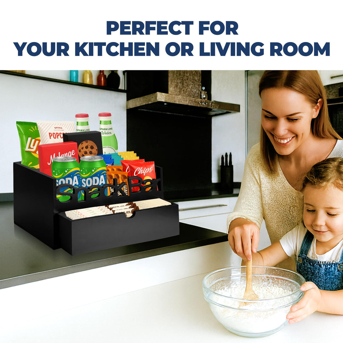 ADDFIT HOUSE Snack Bar Organizer – Black 3 Compartment Station with Drawer, Countertop Pantry Organizer for Kitchen, Office Food Holder, Candy Storage Bin, Display Stand, Cabinet Tray & Shelf