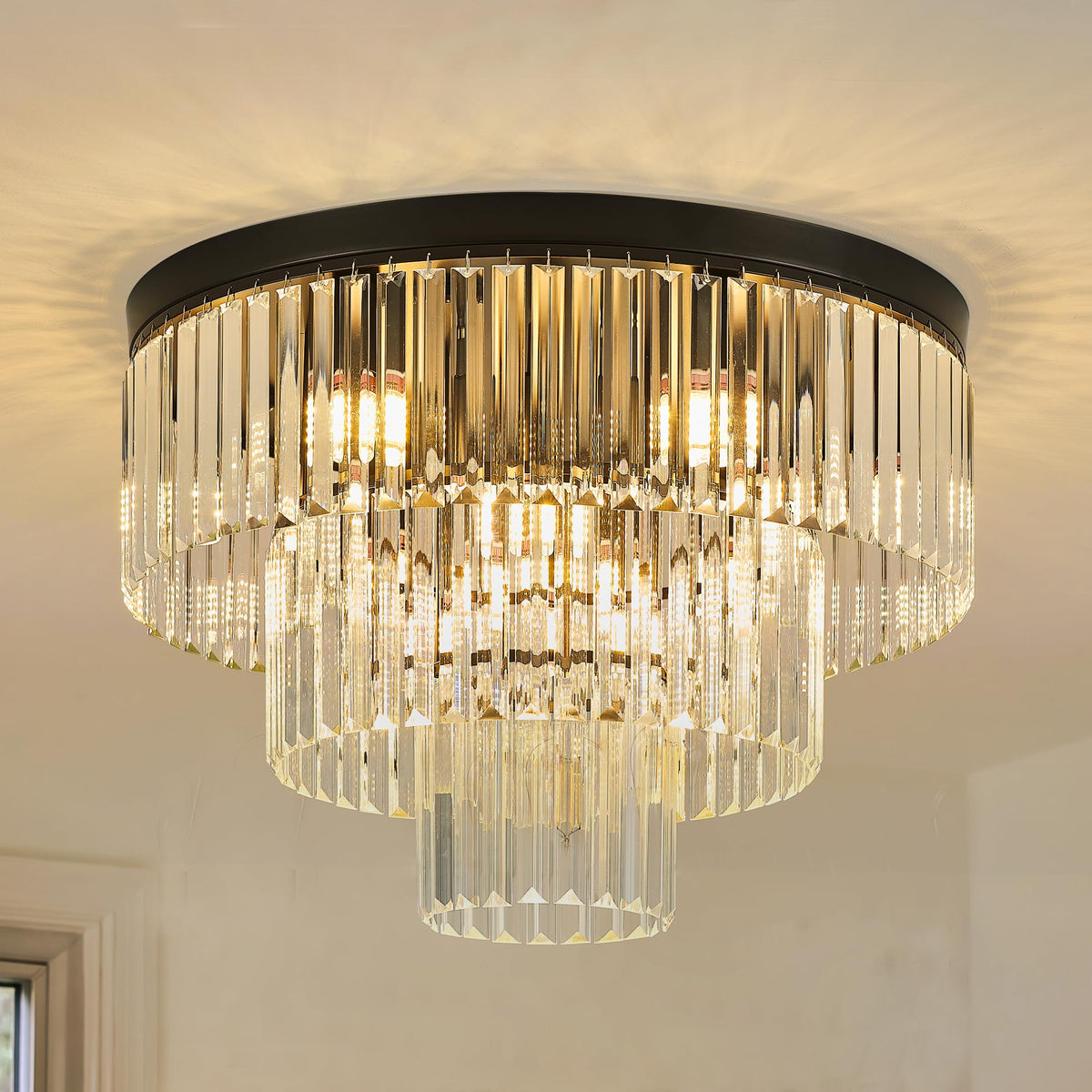 Faibra 21.65" Black Crystal Ceiling Light 10-Light Modern Crystal Ceiling Light Fixture 3-Tier Luxury K9 Crystal Ceiling Light,for Dining Room Kitchen Island Living Room Bedroom