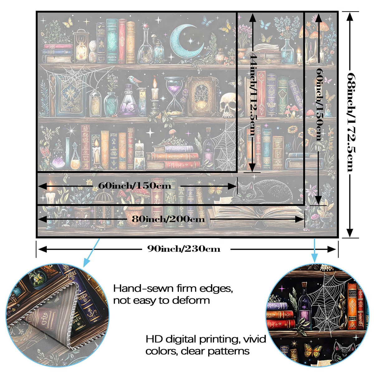 Motanber Witchy Bookshelf Tapestry Magic Gothic Witch Library Tapestries Wall Hanging Vintage Mushroom Skull Black Cat Dark Academia Book Large Tapestry for Bedroom Living Room Dorm 80 x 60 inch