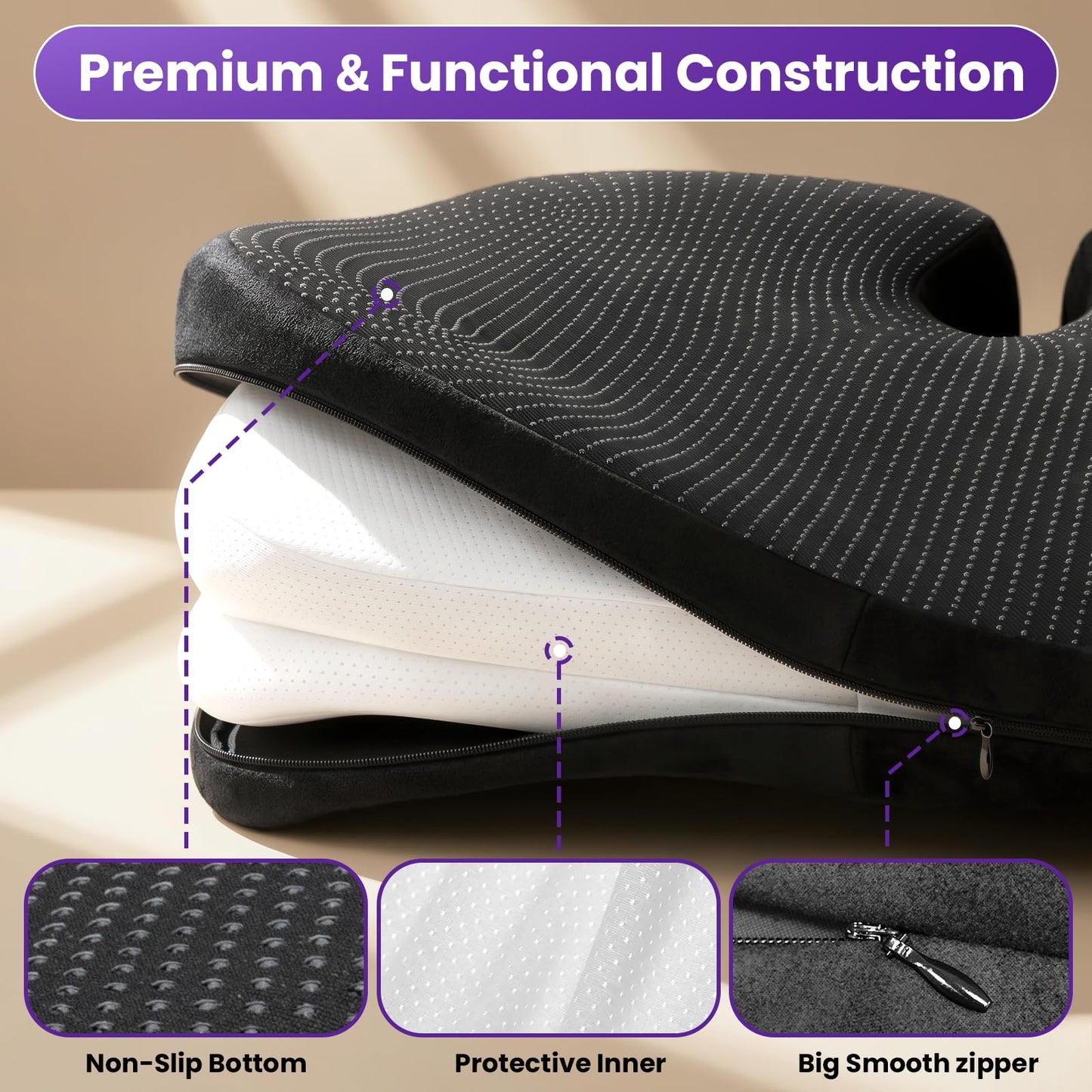 ZZ-WELL Seat Cushions for Office Chairs - Patented Coccyx Cushion for Tailbone Pain - 21.2" W x 16.5" L Memory Foam Extra Large Seat Cushion, Removable & Machine Washable Cover (Black)