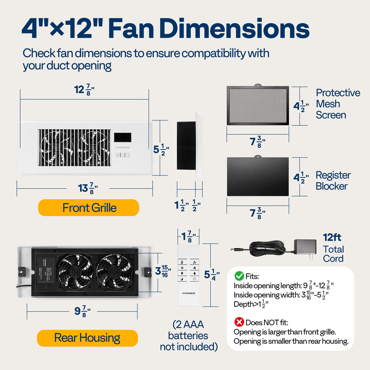 VIVOHOME Quiet Register Booster Fan with Opening 4" x 12" - Smart Thermostat, 10-Speed Control, Removable Dust-proof Mesh & Register Blocker, White