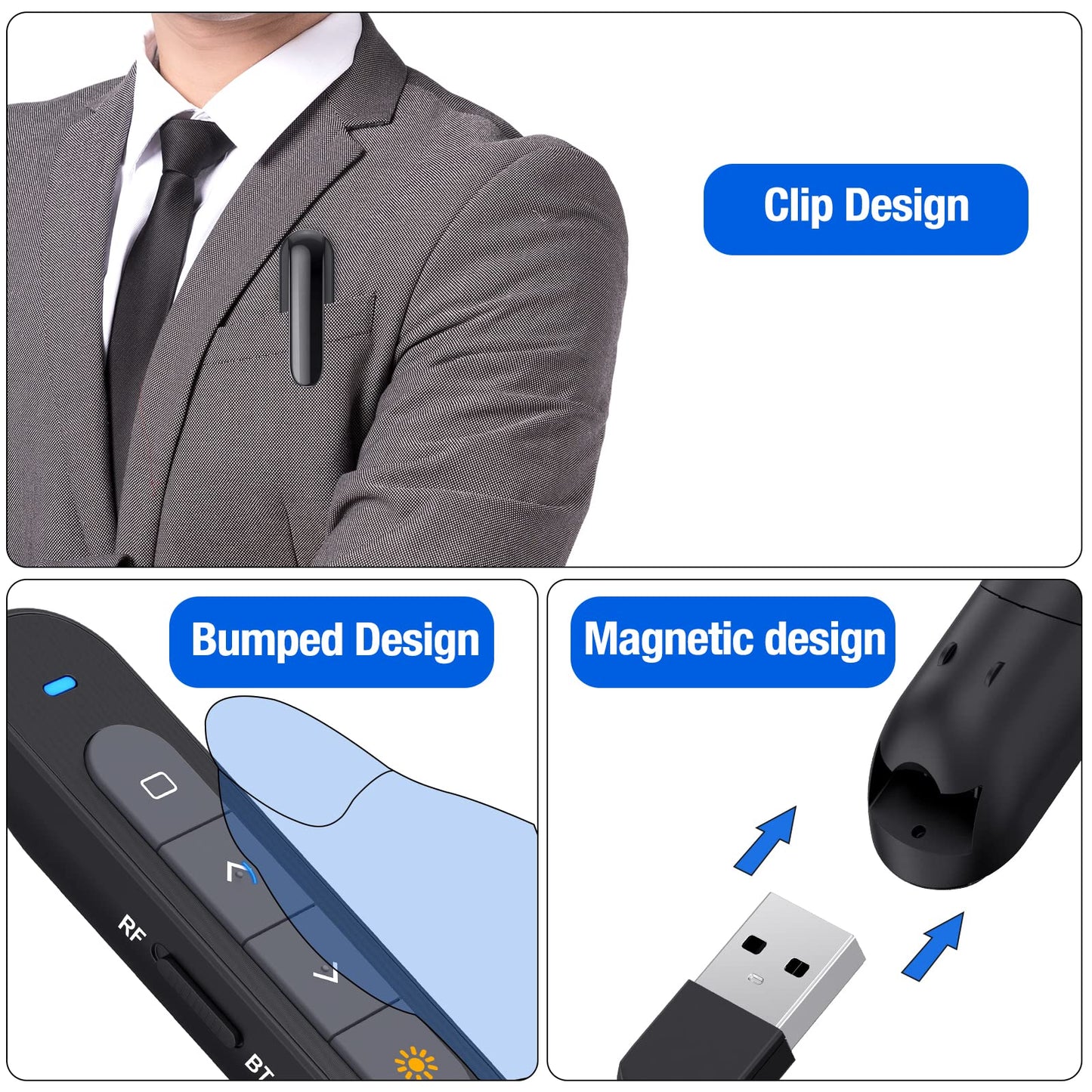 Presentation Clicker Rechargeable Compatible with Bluetooth and RF 2.4GHz Red Light, Wireless Presenter Remote Control for Powerpoint Presentations Pointer Slide Clicker for Mac Computer