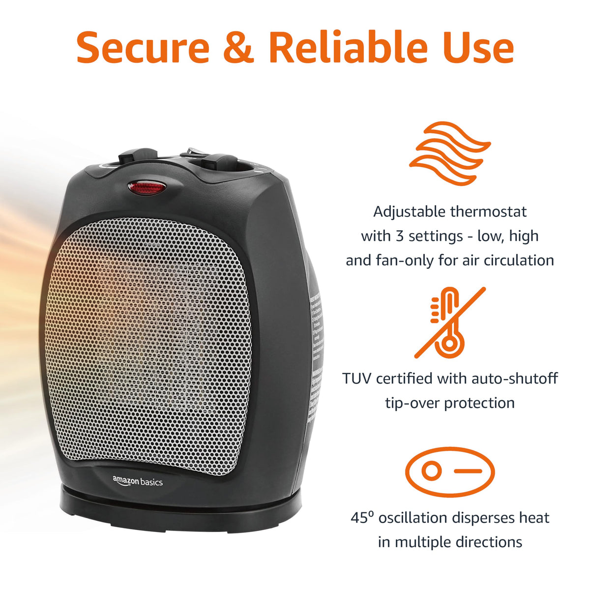 Amazon Basics Oscillating Ceramic Space Heater, Portable Fast Heating Indoor Solution, With Overheat and Tip-Over Protection, Thermostat, 1500W, 7.52"D x 6.34"W x 9.45"H, Black
