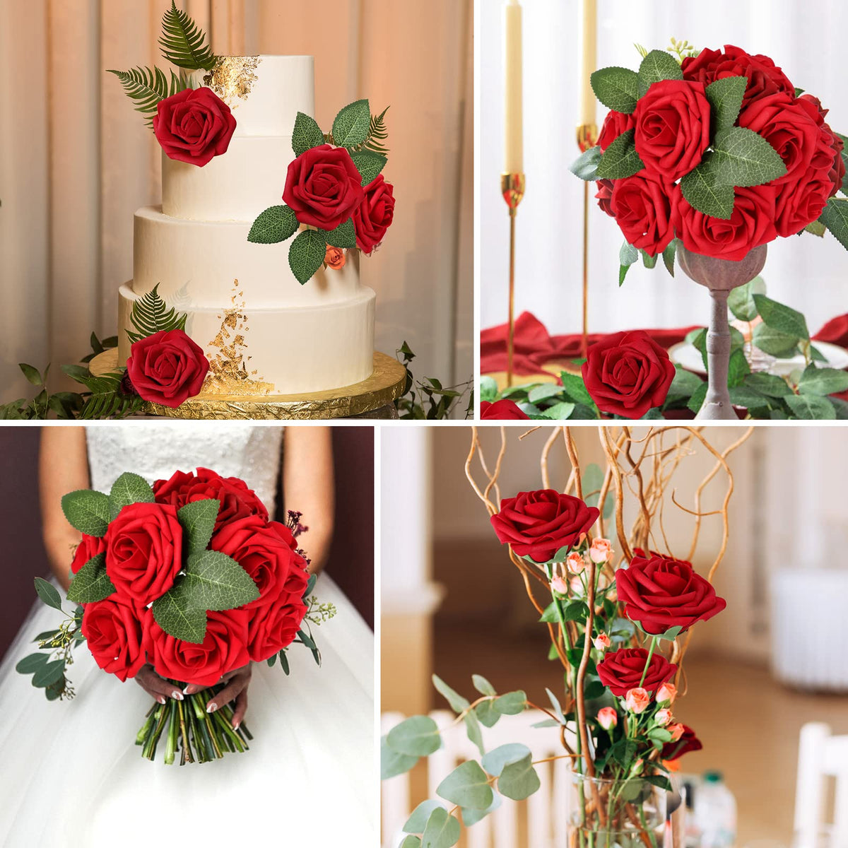 AmyHomie Artificial Flowers Dark Red Rose 50pcs Real Looking Fake Roses w/Stem for DIY Wedding Bouquets Centerpieces Arrangements Party Baby Shower Valentines Day Christmas Tree Decorations