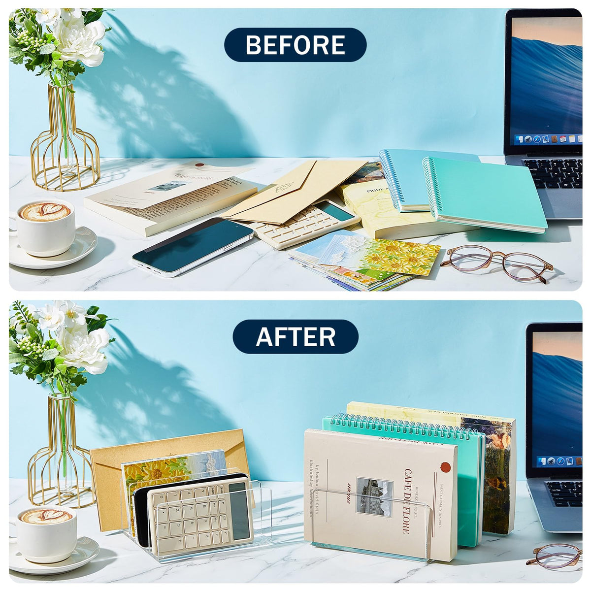 Geyoga 2 Pcs Acrylic File Holder Clear Mail Folder Organizer 5 Sections Multifunction Desktop Storage Letter Sorter Envelope Vertical Dividers for Office, Home, Desk Organization
