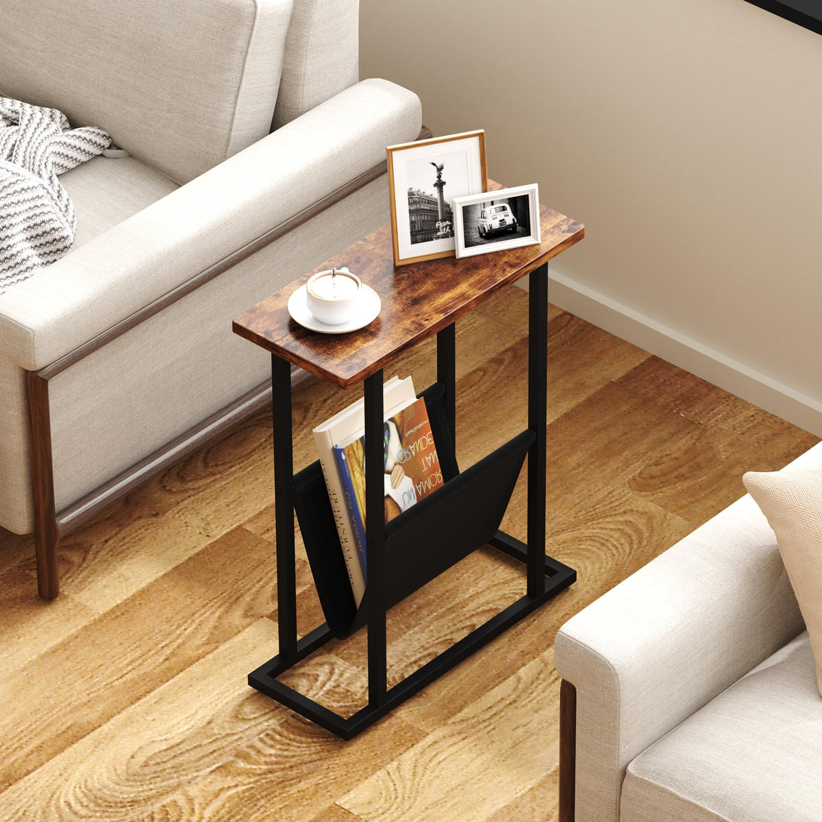Yusong Narrow Side Table for Small Spaces, Small End Table with Magazine Holder, Skinny Slim Little Thin Table for Living Room, Bedroom, Sofa, Rustic Brown