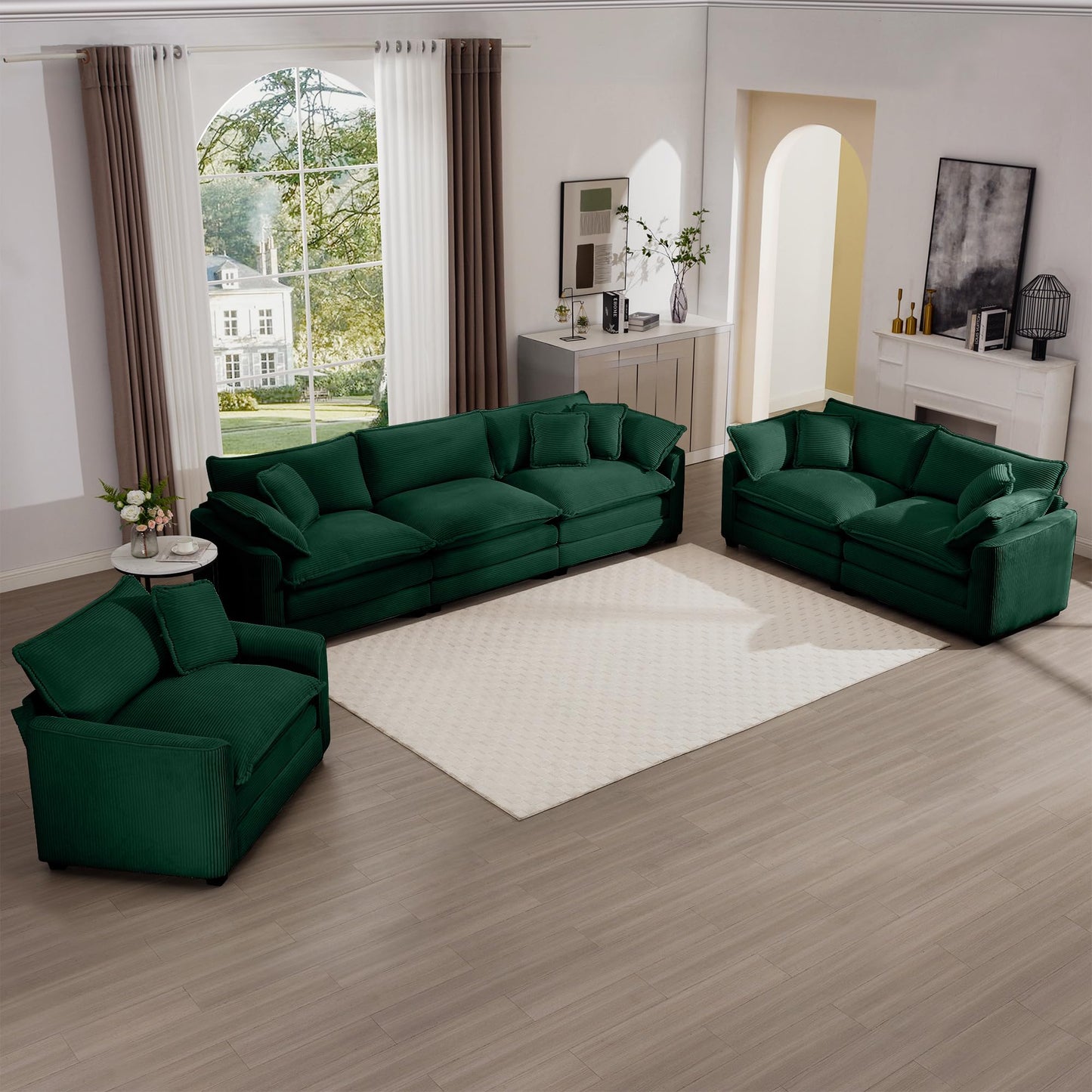 KEIKI 3-Piece Sofa Set with 1 Oversized Corduroy 3-Seater Sofa & 1 Loveseat & 1 Single Sofa, Upholstered 6-Seater Couch Set with 10 Pillow, High-Density Foam Cushions, for Living Room, Green