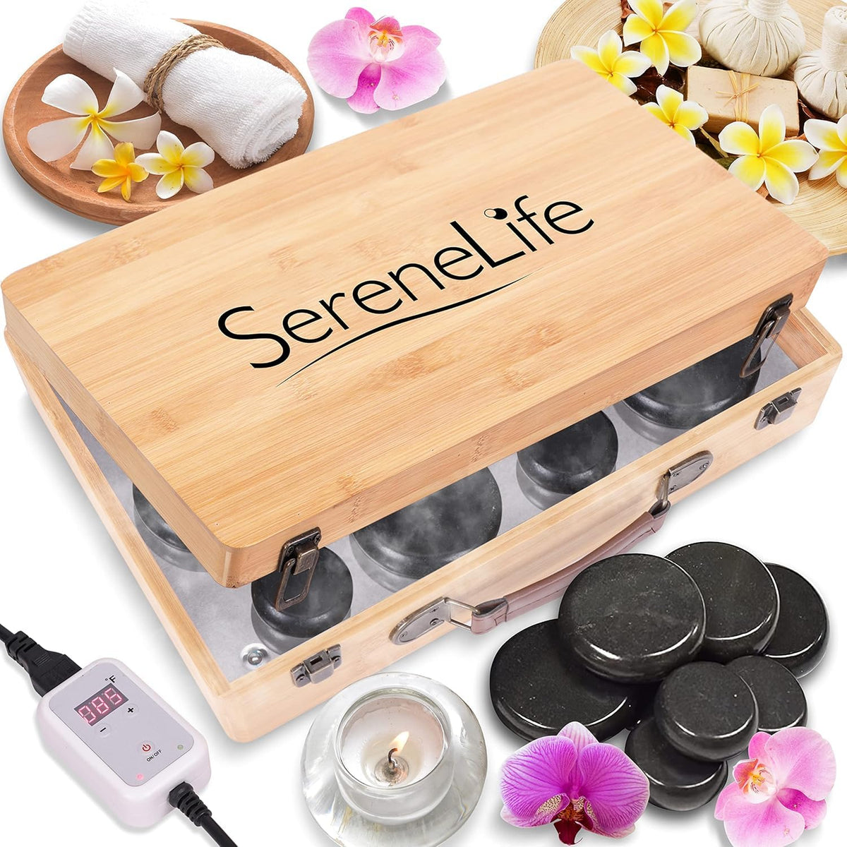 SereneLife Massage Stone Heater Box Set-Electric Spa Portable Heated Rocks Massage Stones and Warmer Set - Heat Rock Massaging Kit 12 Large/Small Black Stone Set w/Bamboo Heating Case PSLMSGST65.5