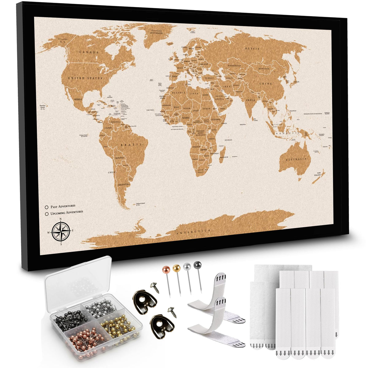 Large Push Pin World Travel Map – 30" x 20" Framed Cork Board Wall Art, Modern World Map with 200 Unique Pins for Tracking Adventures, A Premium Gift for Travelers, Couples and Families