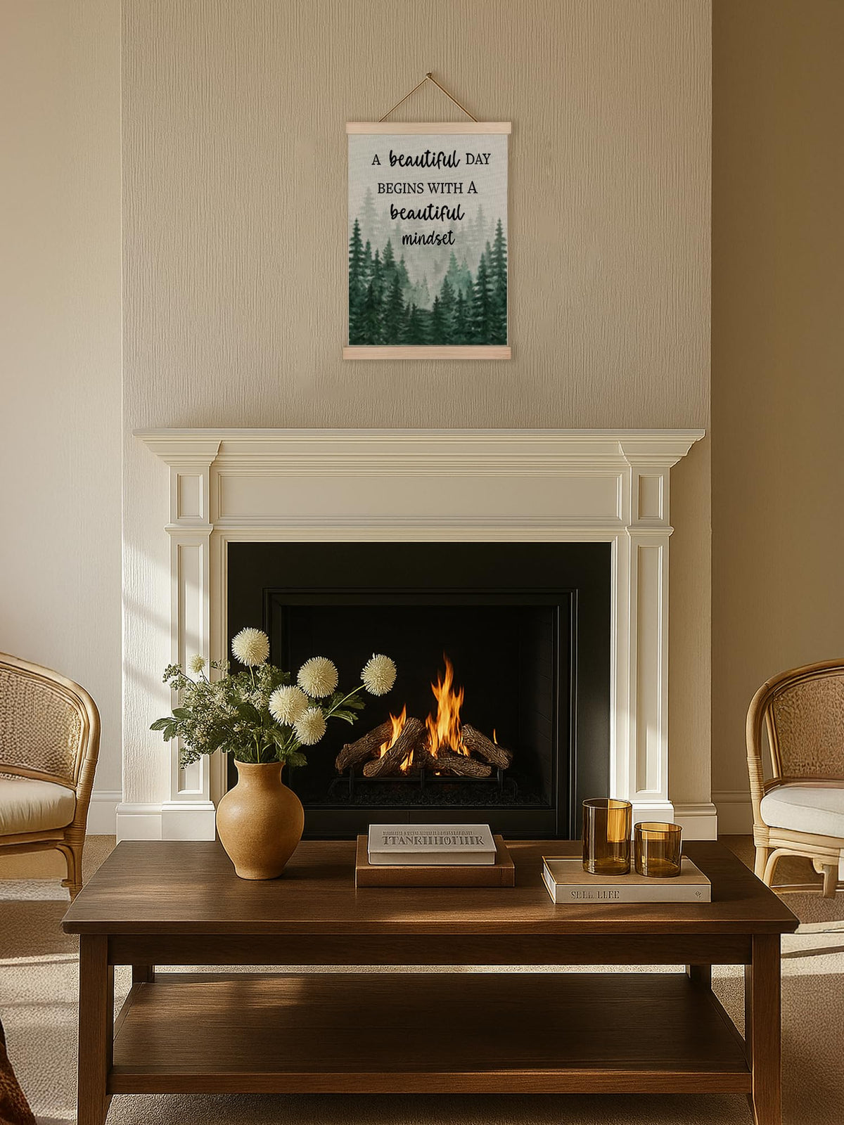 Mindset Framed Canvas Wall Art - A Beautiful Day Begins with a Beautiful Mindset Hanging Canvas Wall Decor for Bedroom Office, Nature Forest Mountain Positive Hanging Poster, Inspirational Gifts for Women