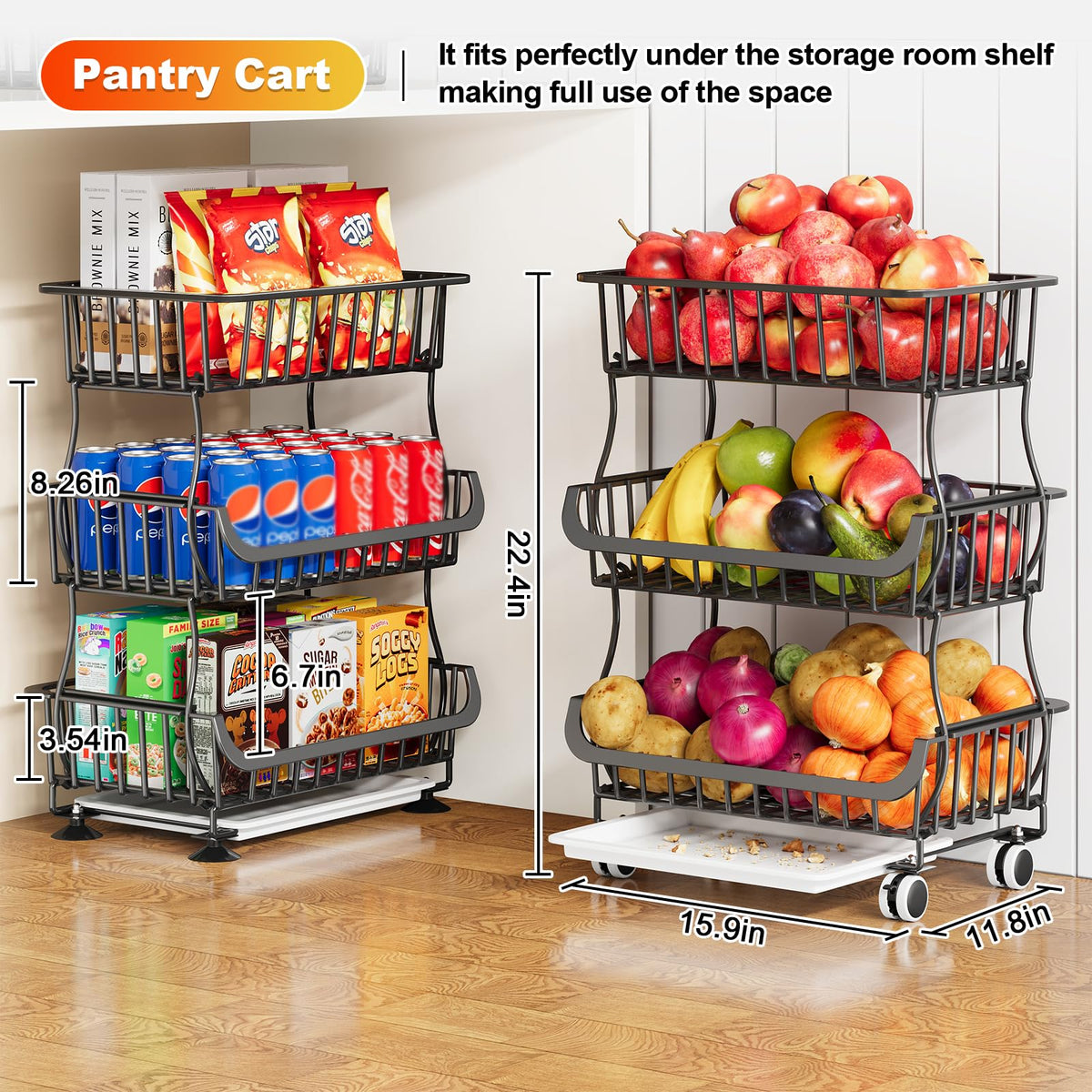 3 Tier Rolling Pantry Floor Organizers and Storage Cart with Wheels, Stackable Wire Fruit Basket Stand for Kitchen Organization, Three Tiered Pantry Storage Rack for Snack, Vegetable, Produce, Fruits