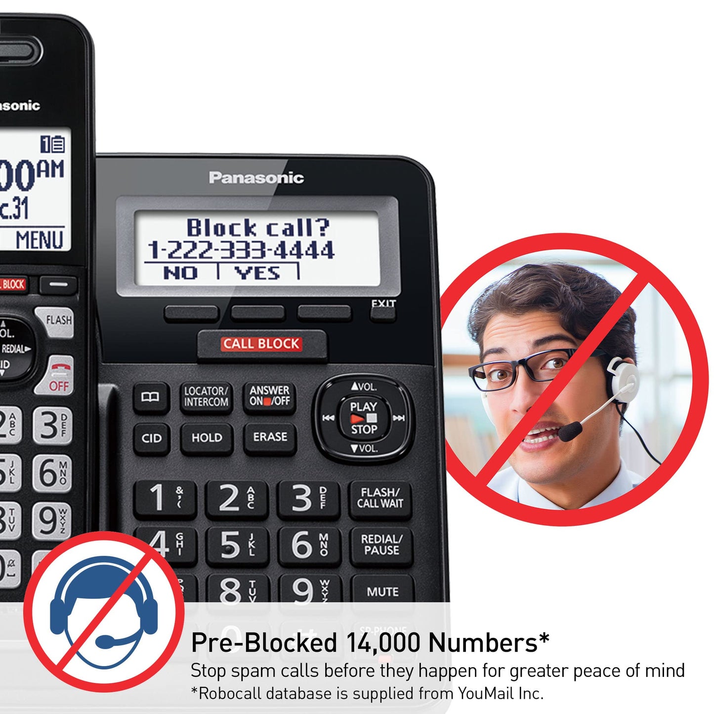 Panasonic Cordless Phone with Advanced Call Block, Link2Cell Bluetooth, One-Ring Scam Alert, and 2-Way Recording, Answering Machine, 4 Handsets - KX-TGF944B (Black)